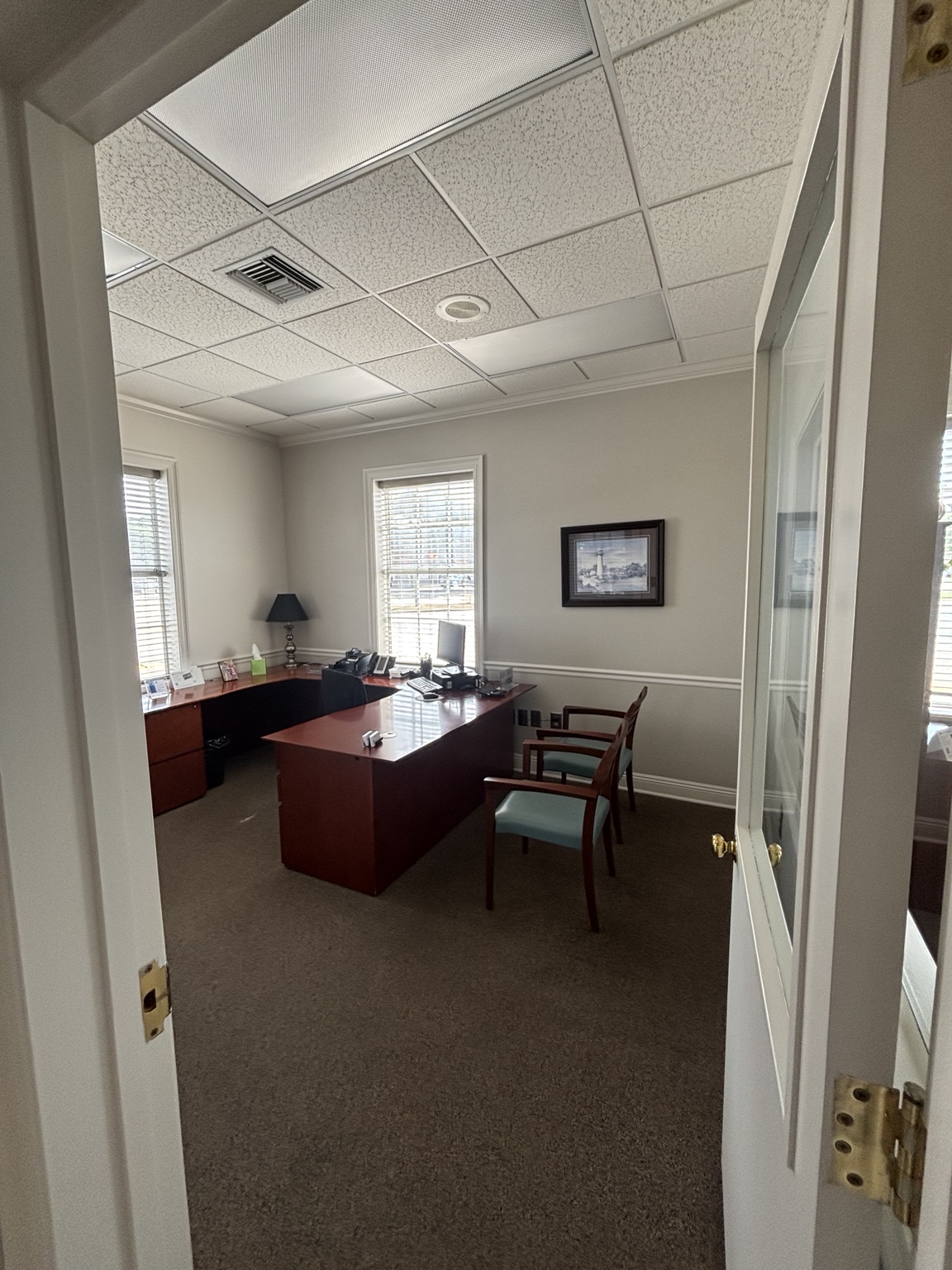 Finished bank office interior with painted walls and woodwork